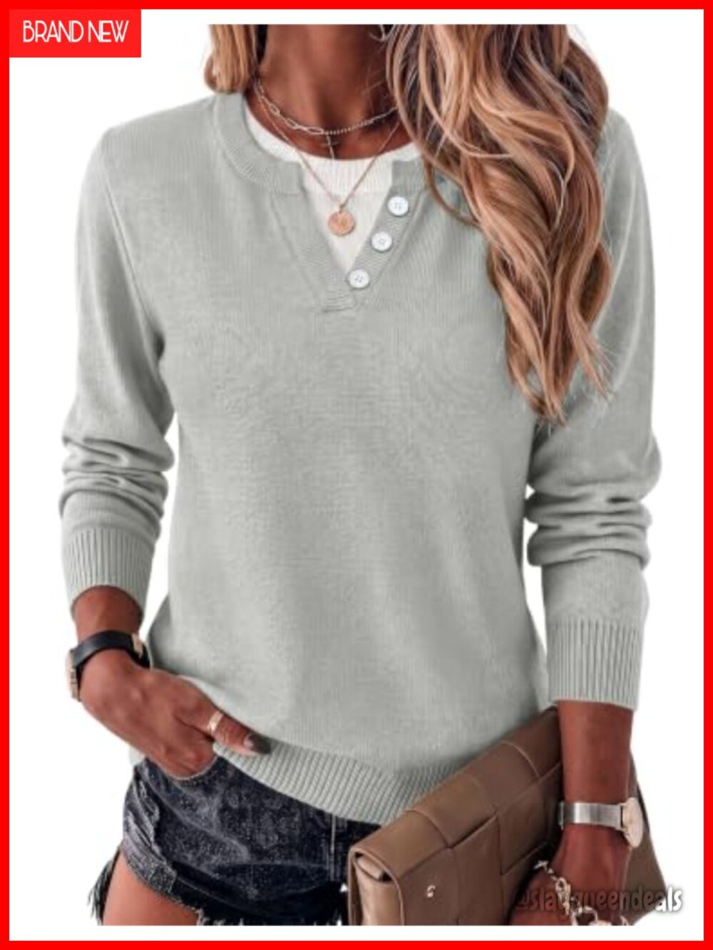 Women's Lightweight Knit Pullover Sweater Faux-Layer Button Accent